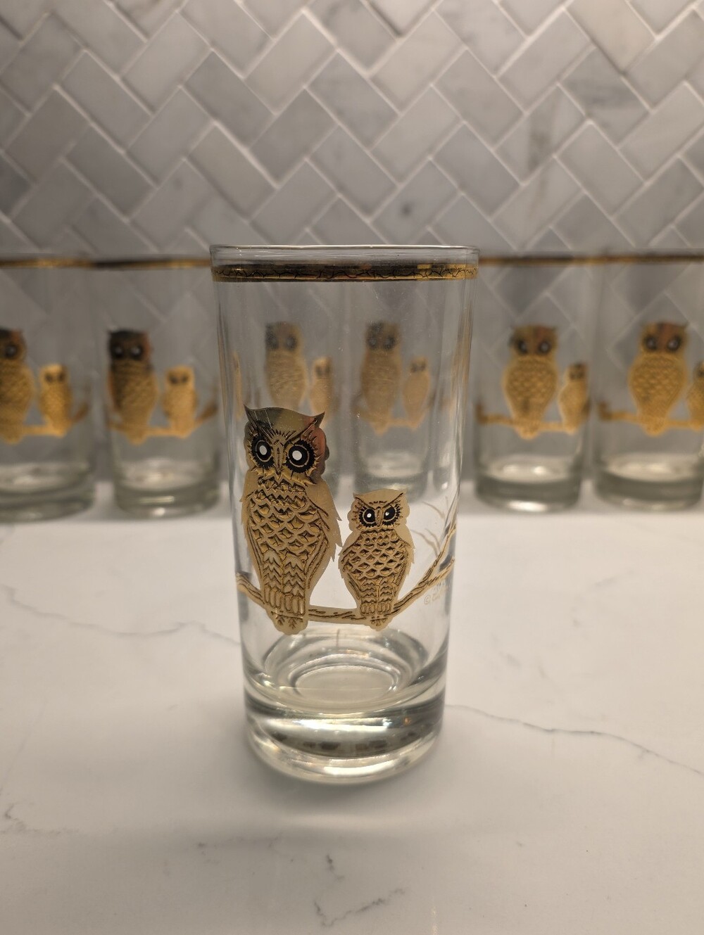 Pristine Vintage Culver 22K Gold Owl Highball Glasses - Set of 8